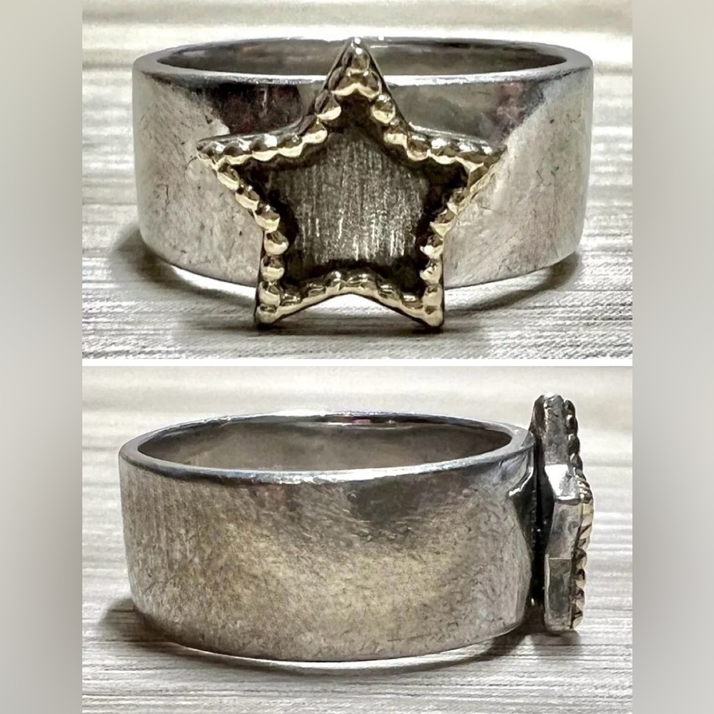 Vintage Designer Signed ATR Sterling Silver & 14K Gold Star Band Ring, Size 6